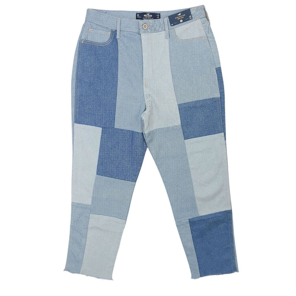 NWT Hollister Ultra High Rise Mom Jean Patchwork Raw Hem Size 9S W29 L25
